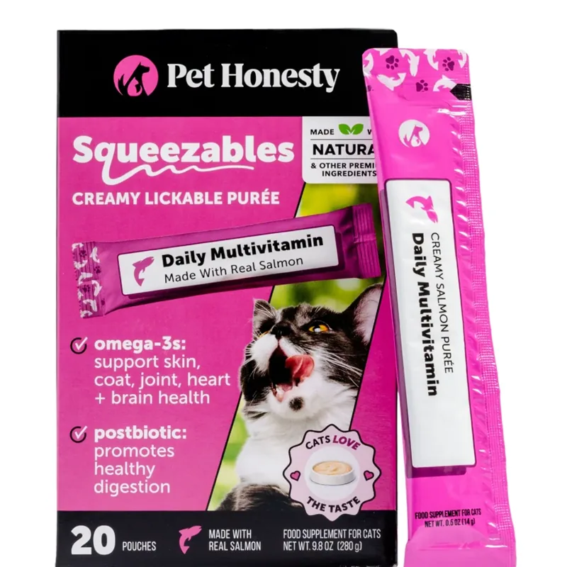 PetHonesty Squeezables Multivitamin Lickable Supplements for Cats, 20 Pouches